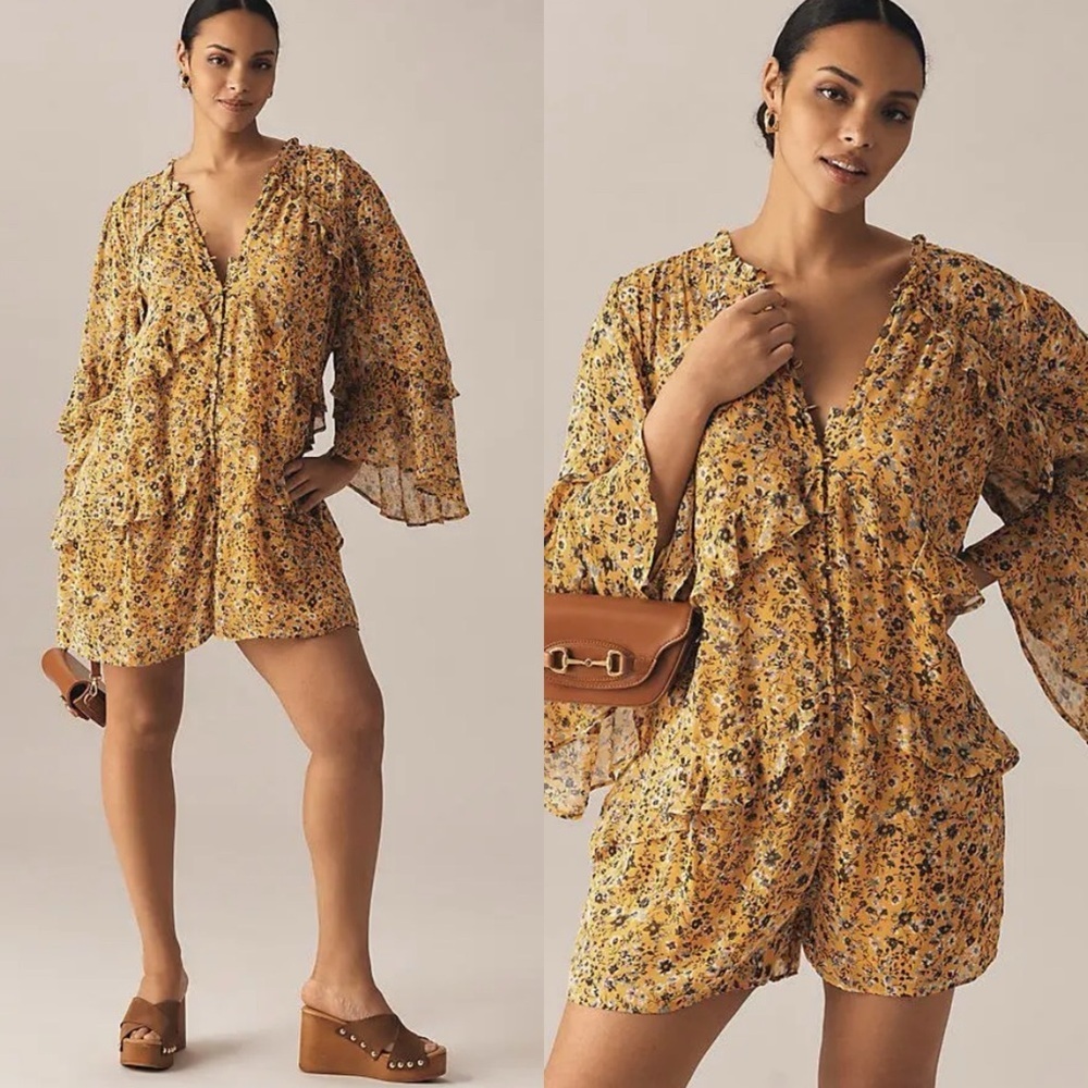 By Anthropologie Ruffle Swing Romper Playsuit Yellow Floral Flirty Size Medium